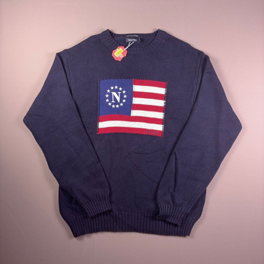 Nautica Mens XL Navy Blue Cotton Crewneck American Flag Graphic Sweater NWT